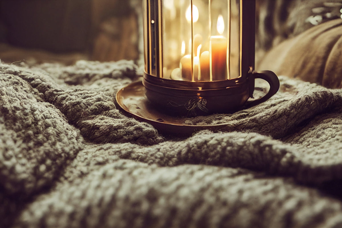 A lantern with two candles inside sitting on a gray wool blanket